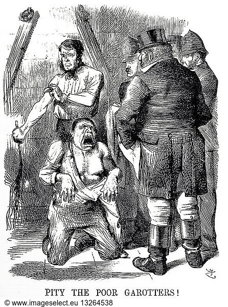Illustration depicting a man accused of attempted garrotting being subjected to flogging