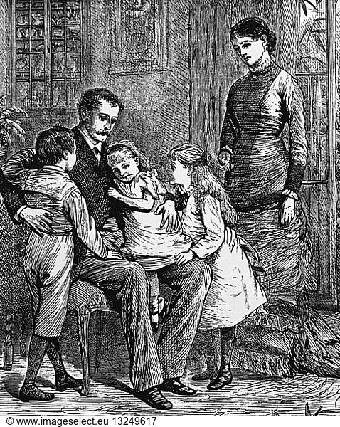 Illustration depicting children playing with their father