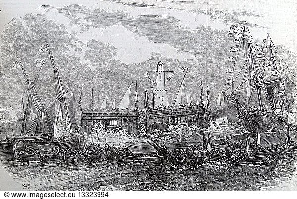 Illustration depicting the laying of the foundation stone of the port of Livorno