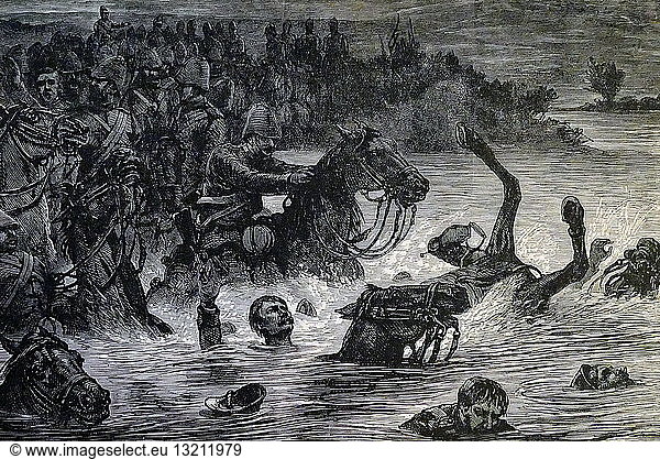Illustration depicting the river disaster of the 10th Hussars during the Second Anglo-Afghan War