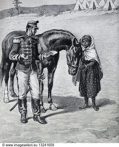 Illustration from a book depicting a young Arab girl selling her horse to a French soldier
