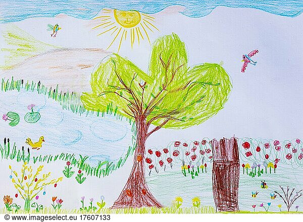 Illustration  Kinderzeichnung  Frühlingswiese mit Laubbaum und Ostereier  Ostern