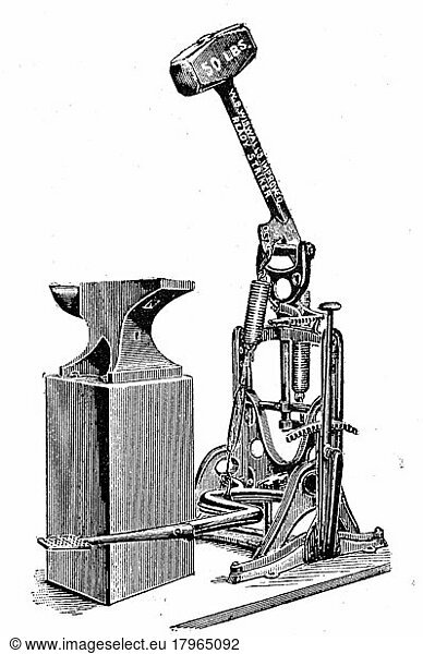 Illustration of a sledge hammer with foot control  1890  Historic  digitally restored reproduction of an original 19th century artwork  exact original date unknown