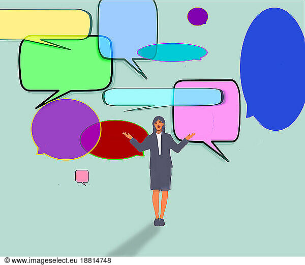 Illustration of blank speech bubbles over female public speaker