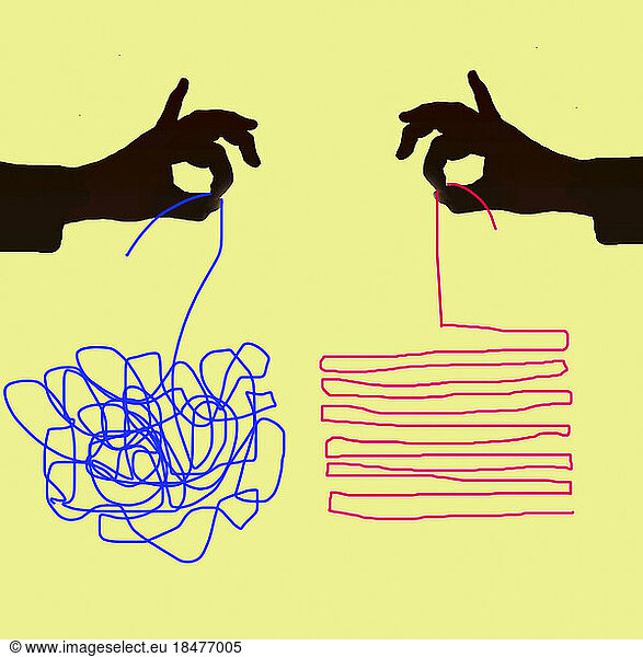Illustration of blue tangled string and red orderly string held by two different hands