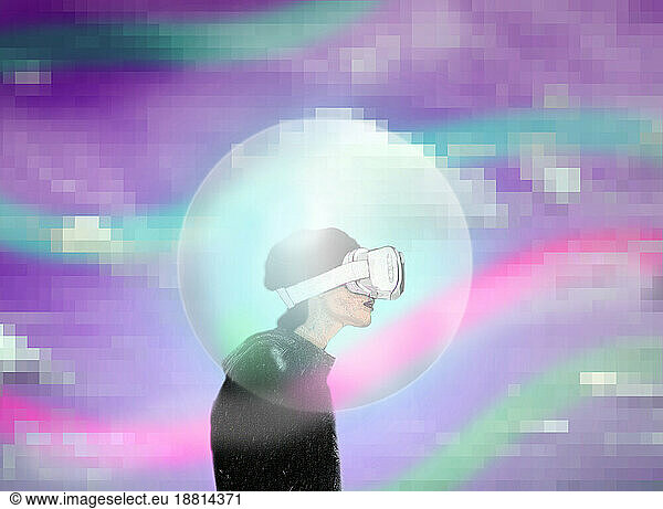 Illustration of bubble protecting woman wearing VR set
