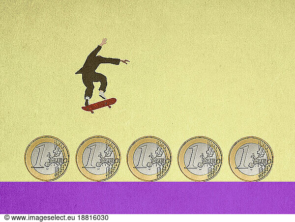 Illustration of businessman skateboarding over row of one Euro coins
