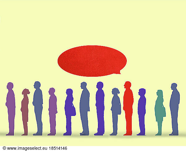 Illustration of businessman with red blank speech bubble standing in line