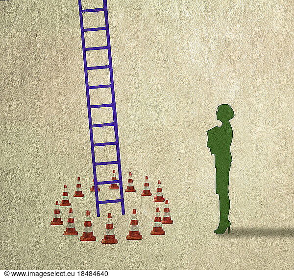 Illustration of businesswoman looking at ladder surrounded by traffic cones