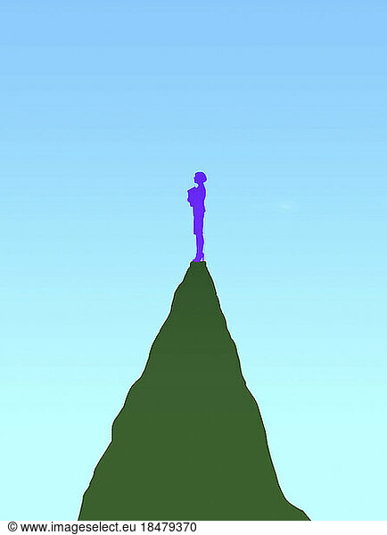 Illustration of businesswoman standing alone on mountaintop
