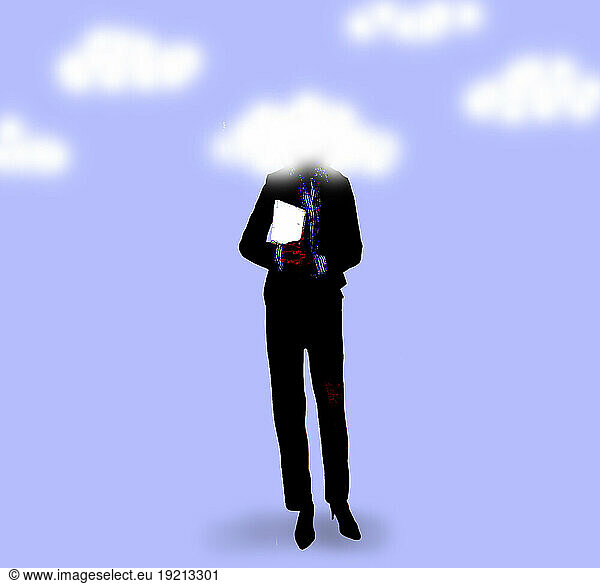 Illustration of businesswoman with head shrouded in clouds