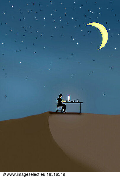 Illustration of businesswoman working on sand dune at night