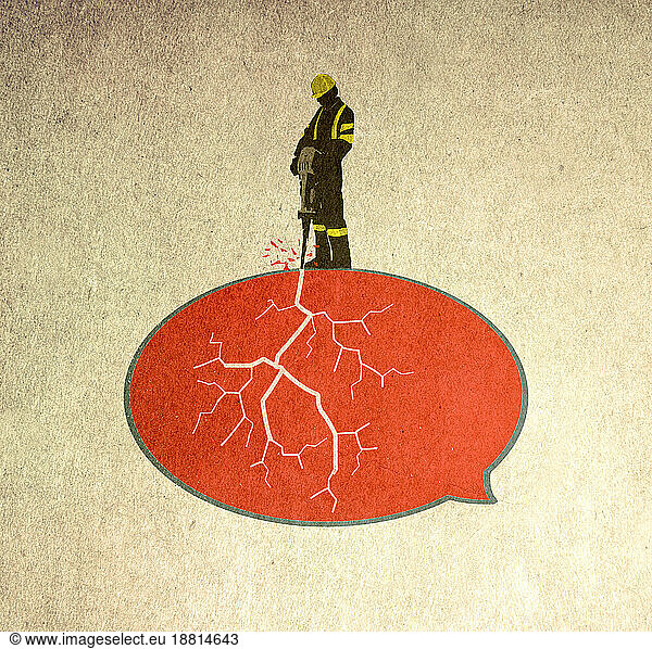 Illustration of construction worker destroying speech bubble