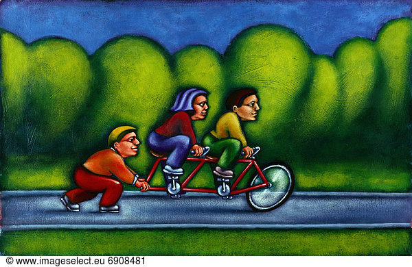 Illustration of Couple Riding Tandem Bike with Third Person as Wheel