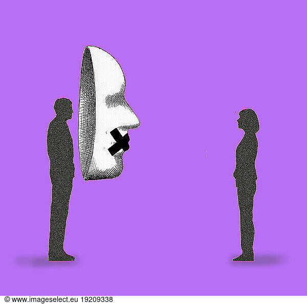 Illustration of couple standing face to face with man hiding behind oversized mask with taped mouth