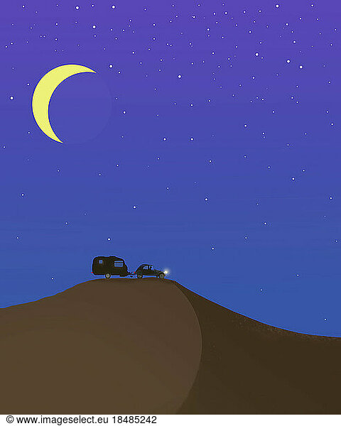 Illustration of crescent moon glowing over car with camper trailer driving through desert