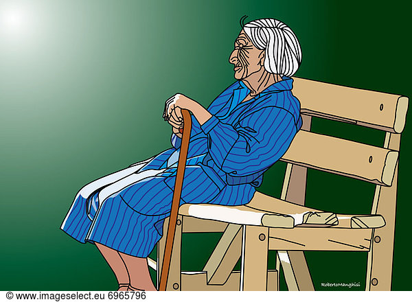 Illustration of Elderly Lady Sitting on Bench
