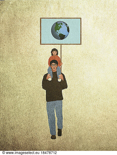 Illustration of father piggybacking daughter holding sign depicting planet Earth