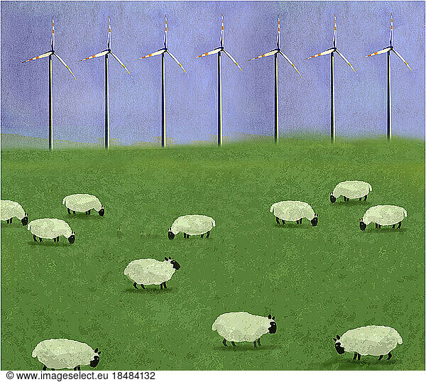 Illustration of flock of sheep grazing in green meadow with row of wind farm turbines standing in background