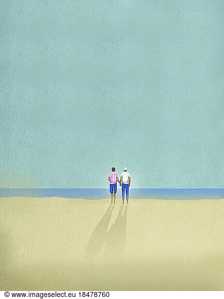 Illustration of gay couple holding hands on sandy beach