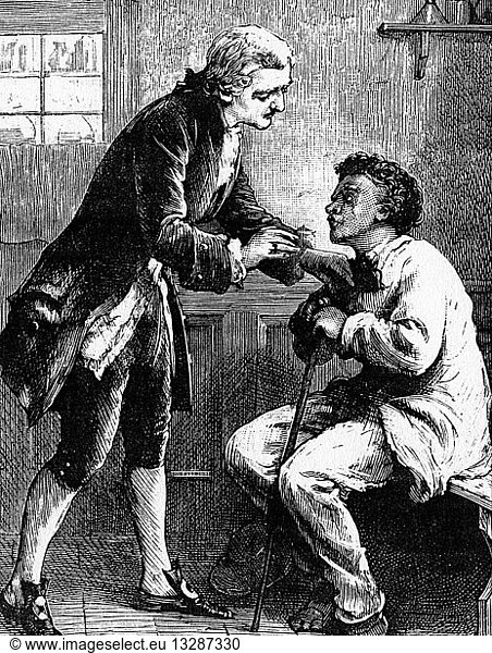 Illustration of Granville Sharp inspecting the injuries of the slave Jonathan Strong