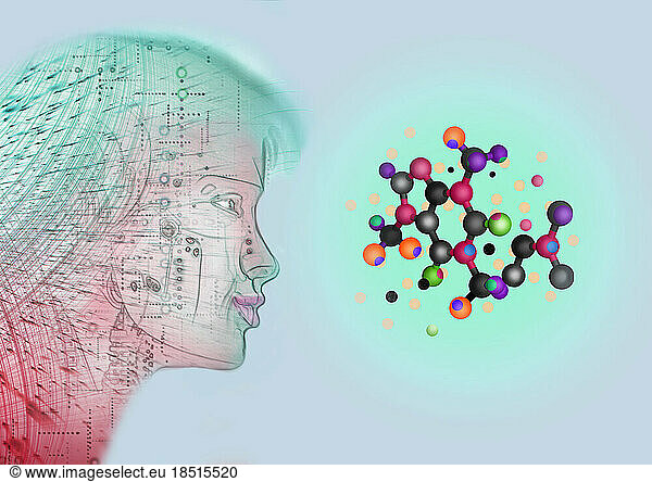 Illustration of gynoid looking at molecular structure