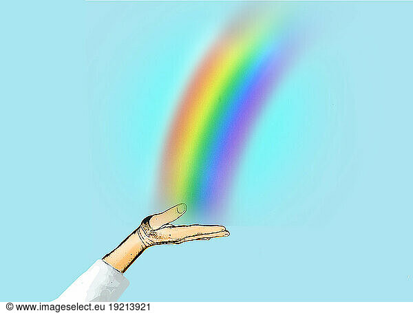 Illustration of hand holding rainbow