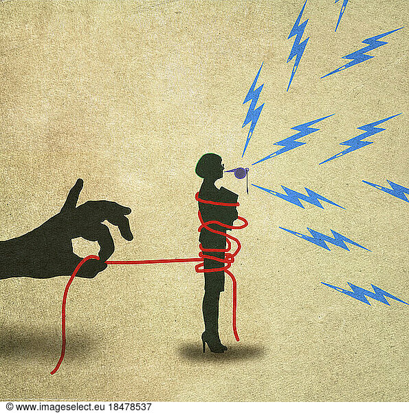 Illustration of hand holding rope restricting female whistleblower