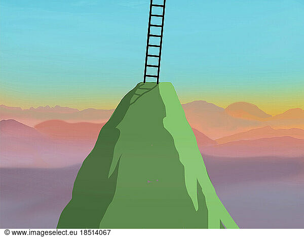 Illustration of ladder on green mountain peak