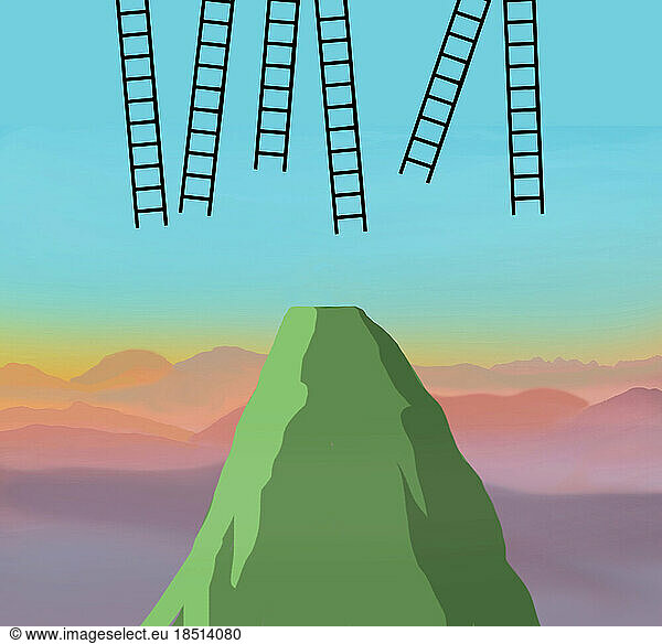 Illustration of ladders levitating above green mountain peak