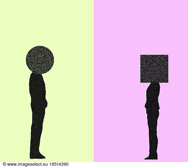 Illustration of man and woman with geometric heads facing each other