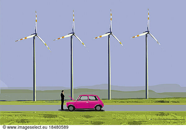 Illustration of man dealing with vehicle breakdown in front of wind farm turbines