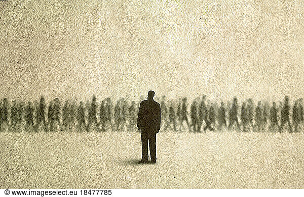 Illustration of man looking at passing crowd of people