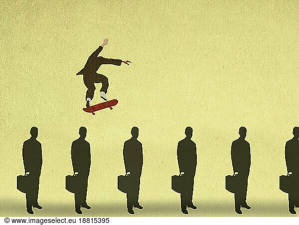 Illustration of man skateboarding over businessmen waiting in line