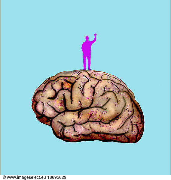 Illustration of man standing on top of large brain