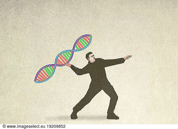 Illustration of man throwing DNA model symbolizing genetic research