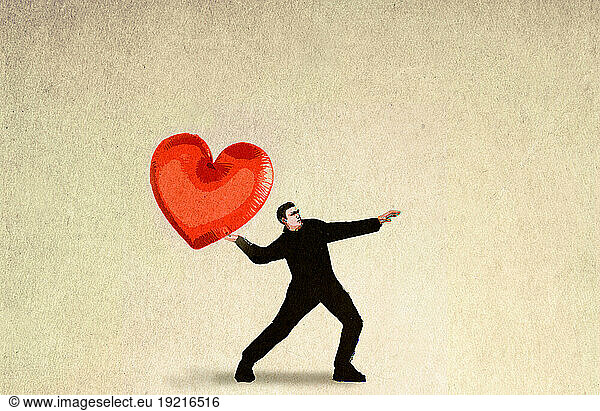 Illustration of man throwing oversized heart