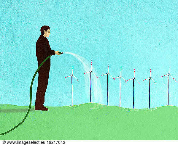 Illustration of man watering wind turbines