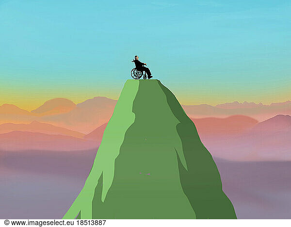 Illustration of man with disability sitting in wheelchair on mountain peak