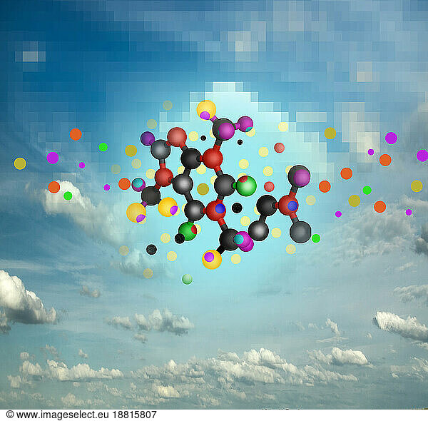 Illustration of molecules floating against sky