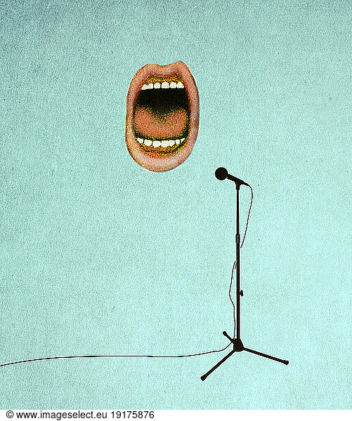 Illustration of mouth talking into microphone