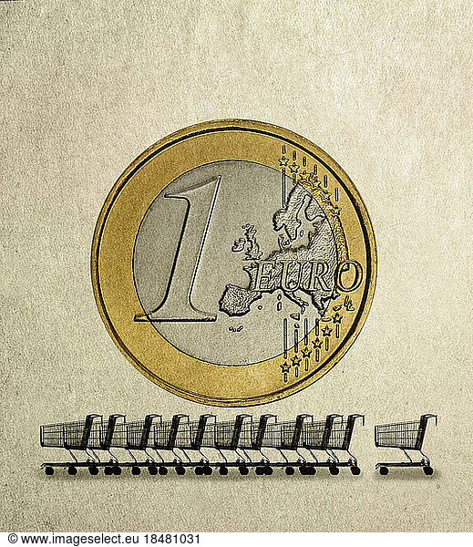 Illustration of one Euro coin over empty shopping carts