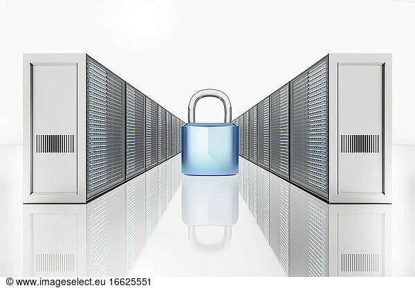 Illustration of padlock between network server tower
