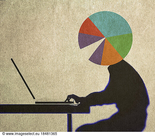 Illustration of person with pie chart instead of head working on laptop