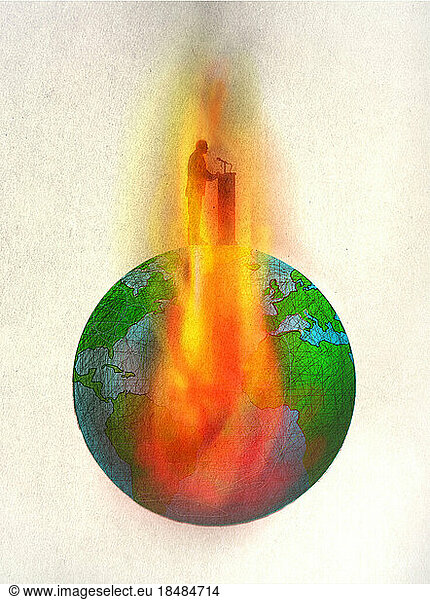 Illustration of public speaker on top of burning world