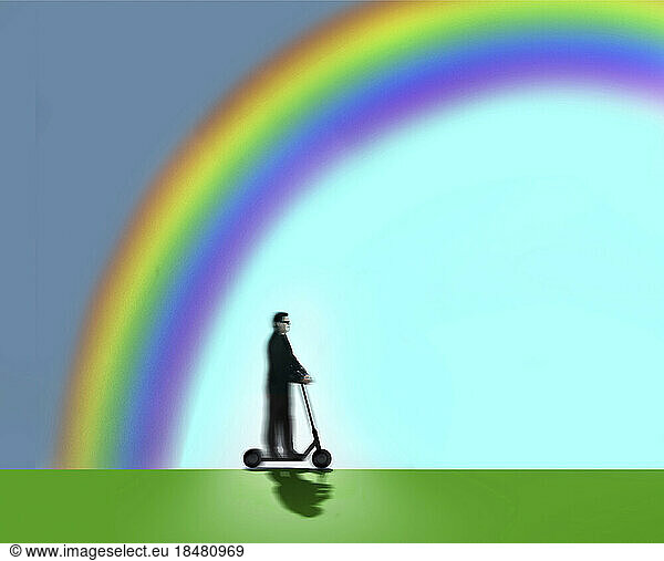 Illustration of rainbow arching over man riding electric push scooter