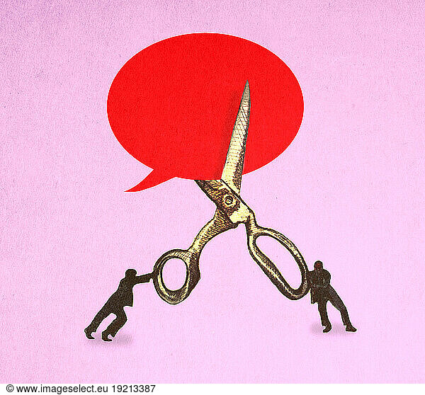 Illustration of two men cutting blank speech bubble with oversized scissors