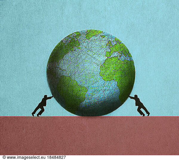 Illustration of two men pushing planet Earth against each other