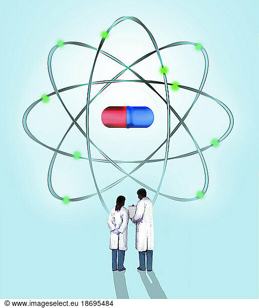 Illustration of two scientists talking in front of floating pill