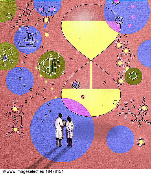 Illustration of two scientists talking under floating circles and molecules